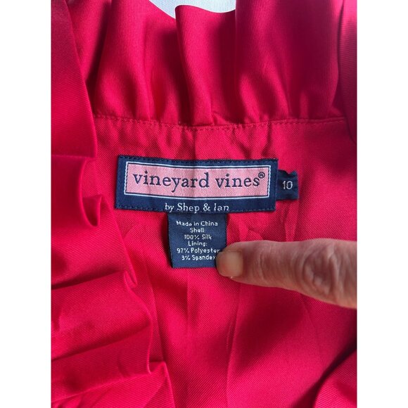 Vineyard Vines Sz 10 Cherry Red 100% Silk Dress Ruffle Neck Feminine Romantic - Picture 7 of 9